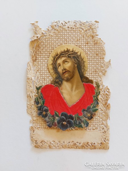 Antique picture of Christ, lacy embossed small holy picture, damaged