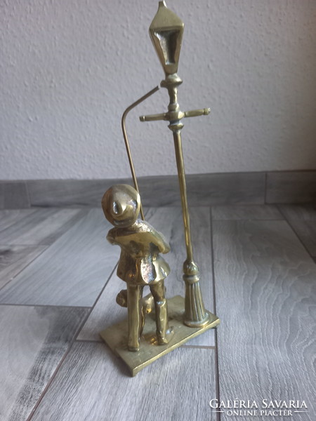 Charming old copper sculpture: lamplighter with his dog (32.3x10.3x7.7 cm)