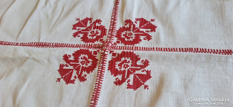 Folk art cross-stitch embroidered linen tablecloth, tablecloth 94 x 94 cm.