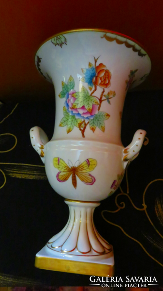 Herend viktoria patterned vase with a handle, attached with a screw, rare