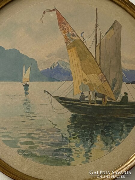 Irma Szathmáry sailing ship round watercolor painting in a golden wooden frame