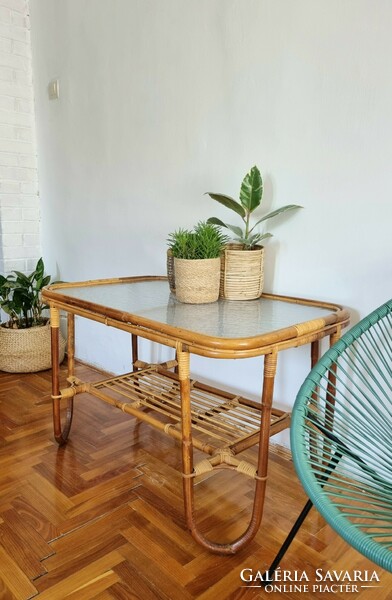 Vintage bambusz kisasztal, üvegasztal