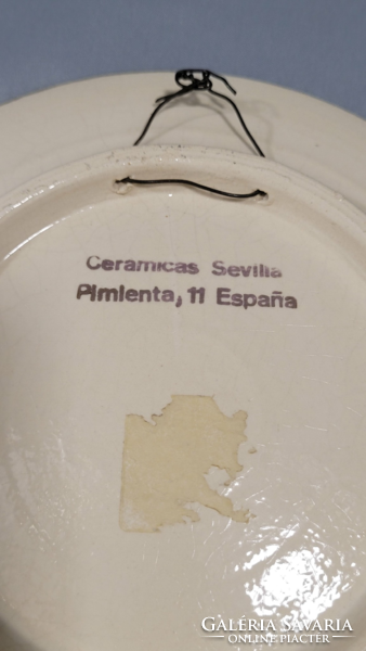 Spanyol Ceramic Sevilla festett virágos kerámia falitál, tányér arany peremmel