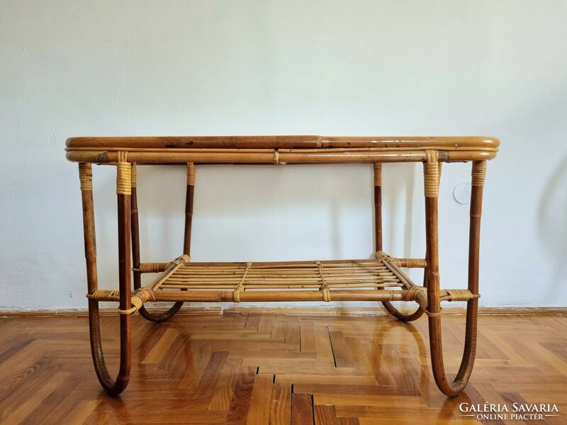 Vintage bambusz kisasztal, üvegasztal