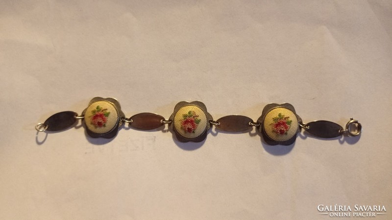 Antique metal bracelet, art deco style jewelry decorated with cross stitch embroidery