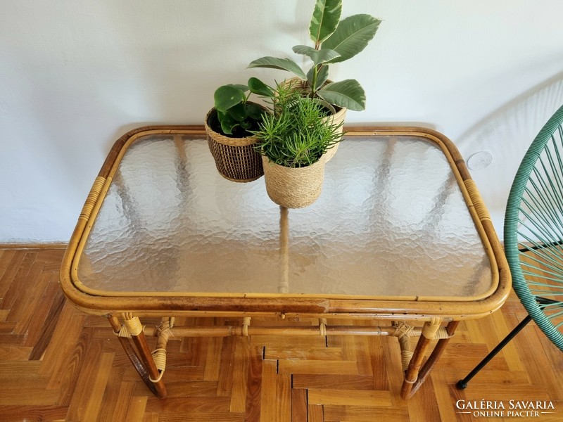 Vintage bamboo side table, glass table