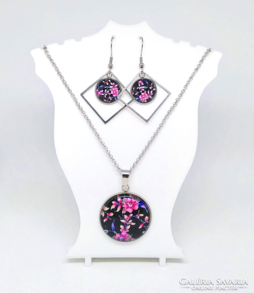 Pink floral glass cabochon necklace-earring set 93