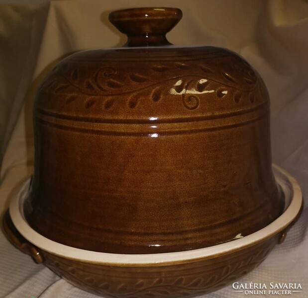 Brown glazed ceramic bread oven with scratched decoration