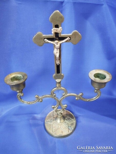 Antique copper cross with candle holder