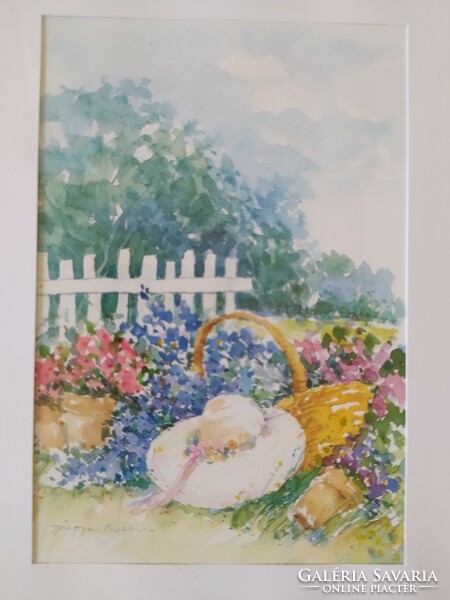 Virágos kert- szignált festmény eredeti, üvegezett keretében, hibátlan 33 x 27 cm