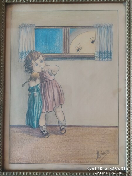 Fearful little girl, signed, flawless drawing, beautiful, in original frame, 32 x 23 cm