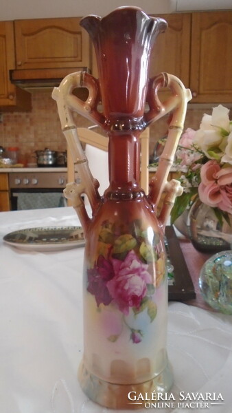 Wonderfully beautiful antique rose pattern hand-painted porcelain two-handled vase