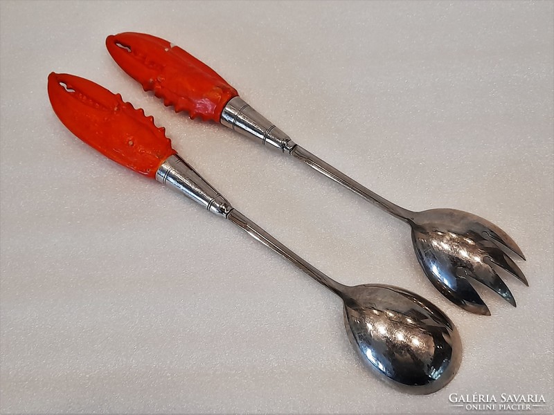 Antique porcelain serving spoon and fork set with crab handle