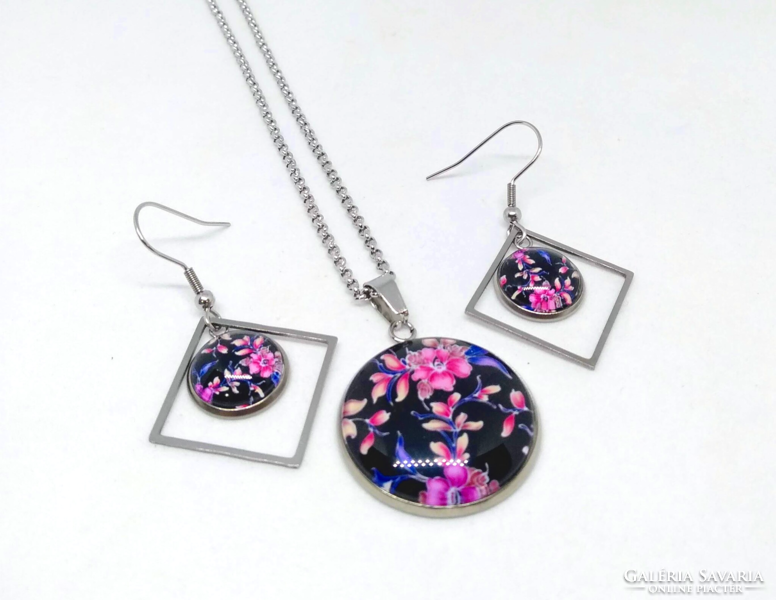 Pink floral glass cabochon necklace-earring set 93