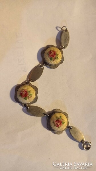Antique metal bracelet, art deco style jewelry decorated with cross stitch embroidery