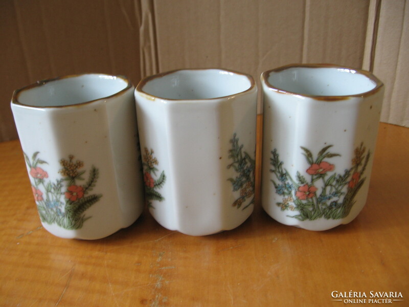 3 Japanese ceramic cups with poppies in one