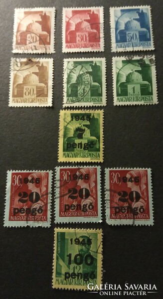 Stamp row 1945 Holy Crown of Hungary row + overstamped pengő row Hungarian Royal Mail