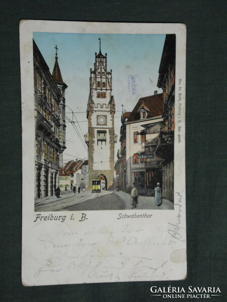 Képeslap, Postcard,Németország,Freiburg i. Br., Straßenbahn am Schwabenthor, villamos, óratorony