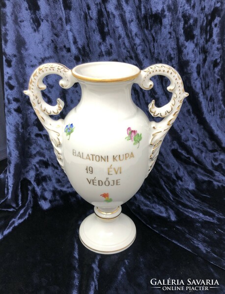 Herendi virágcsokor mintás egyedi festésű füles porcelán amfora váza, kupa  (21cm) RZ