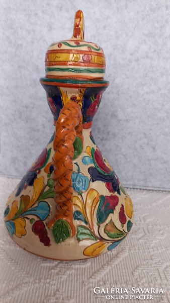 Assbrock West German majolica ceramic jug, hand-made engraved designs with beautiful colors