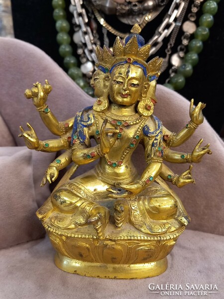 Antique Tibetan Buddhist fire gilded statue with 3 faces tara