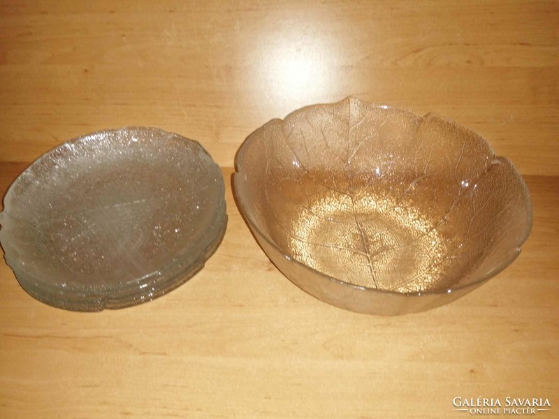 Levélerezet mintájú üveg kínáló készlet - 1 db tál, 6 db tányér (n)