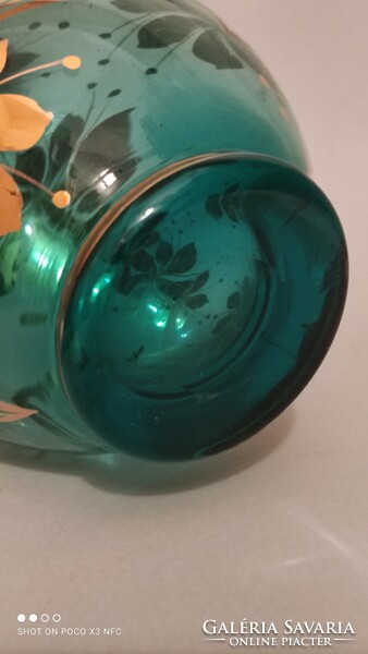 S. Gold-painted green glass vase marked on the side
