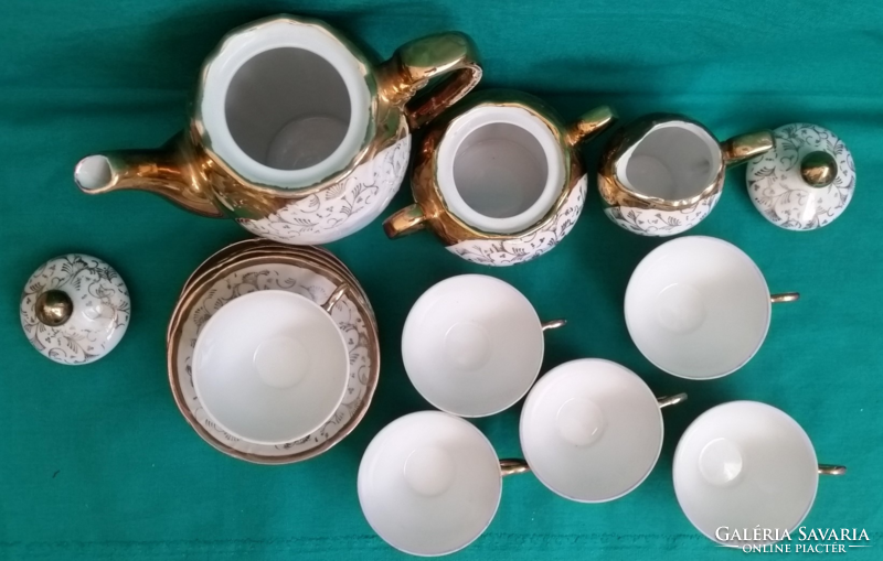 Német BAVARIA dúsan aranyozott velencei motívumos filigrán porcelán kávéskészlet - jelzett