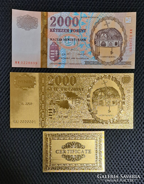 Certifikációval, aranyozott milleniumi 2000 forint bankjegy, replika, és a modellje