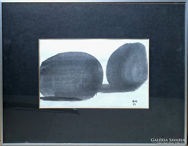 Miklós Borsos: blocks (ink drawing in silver frame) modern abstract painting, r. M.A.K. Label