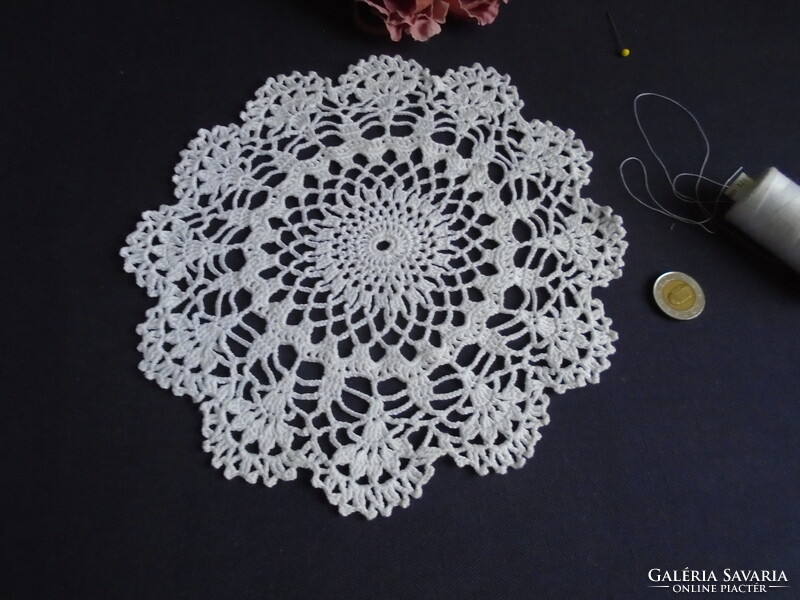 23 cm diam. Tablecloth crocheted from snow-white, soft cotton yarn.