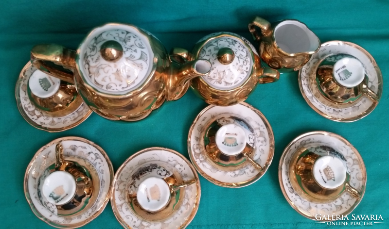 Német BAVARIA dúsan aranyozott velencei motívumos filigrán porcelán kávéskészlet - jelzett