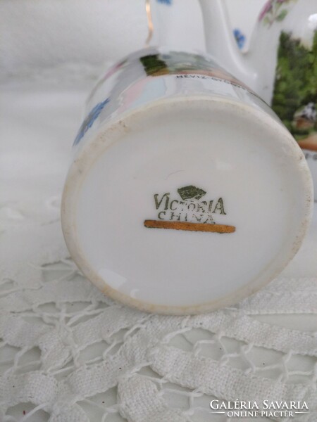 Victoria porcelán hévizi emlék, antik kávés készlet tálcával az 1918-ból