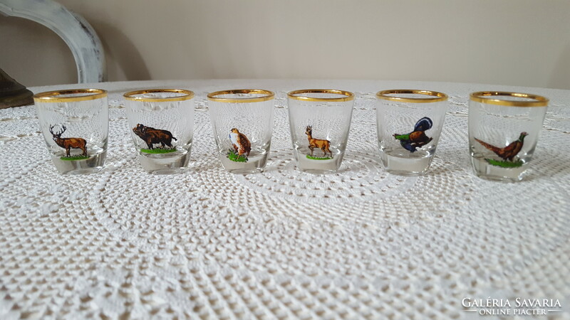 Retro forest animal liqueur glass set, in a holder