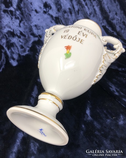 Herendi virágcsokor mintás egyedi festésű füles porcelán amfora váza, kupa  (21cm) RZ