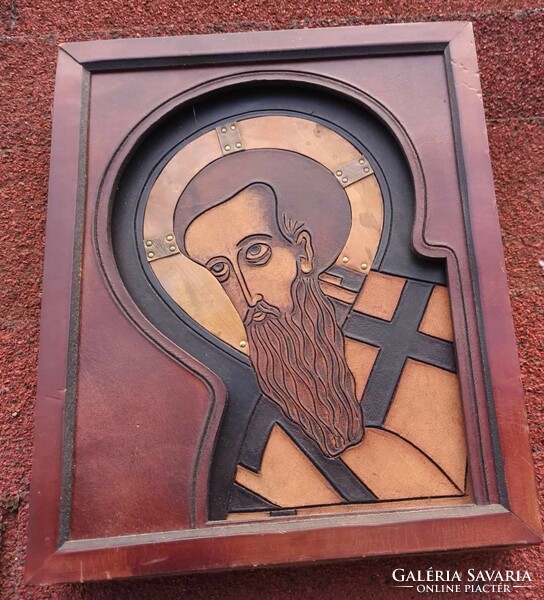 Old copper inlaid leather icon