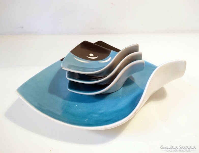 Faianta Sighisoara szuper retró hullámos tenger témájú kináló porcelán tányér szett kb 70es évek