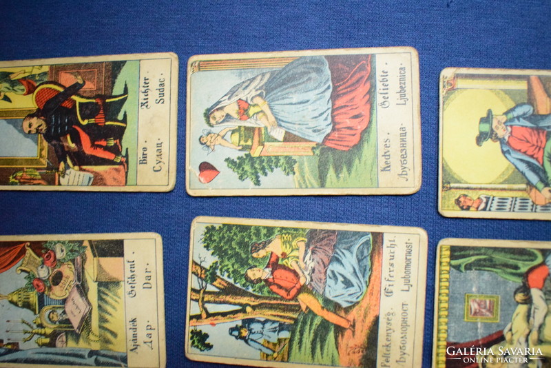 Antik tarot kártya pakli 32 lap jós jövendőmodó cigánykártya 8,2 x 5,2 cm négy nyelvű gót betűs
