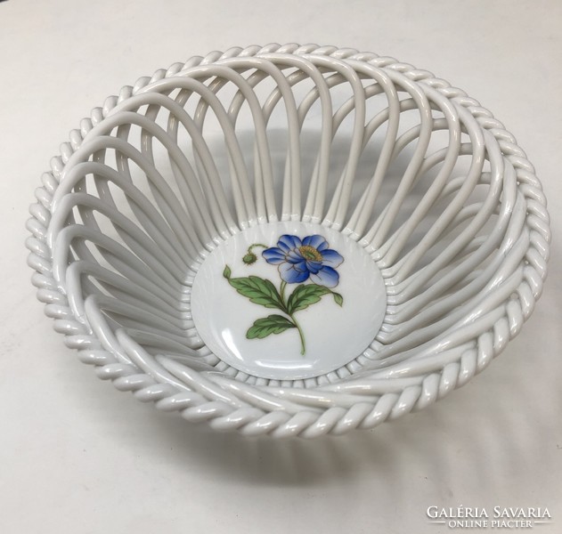 Herend blue floral openwork porcelain wicker basket (13x5 cm) rz