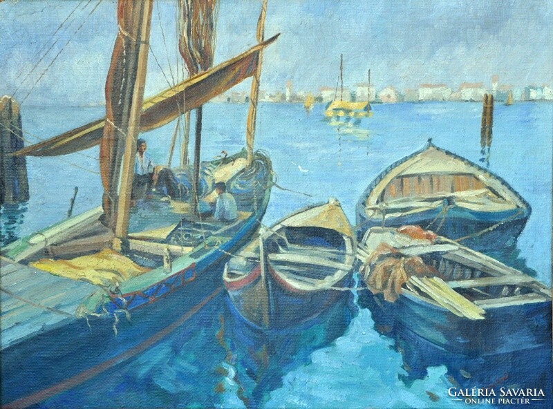 Ernő Tibor: in a Mediterranean port c. 60 X 80 cm oil on canvas painting