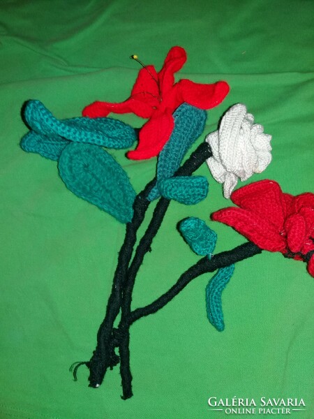 Antique hand-crocheted wire frame flowers tied into 3 flower bouquets (rose, orchid) as shown in pictures