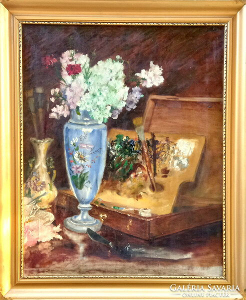A truly exceptional picture. Still life with painting kit. An almost 100-year-old work. External size 76X62 cm.