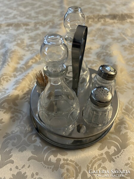 Régi asztali fűszertartó só olaj tartó asztalközép szép állapotban fém kosárkában
