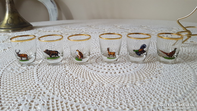 Retro forest animal liqueur glass set, in a holder