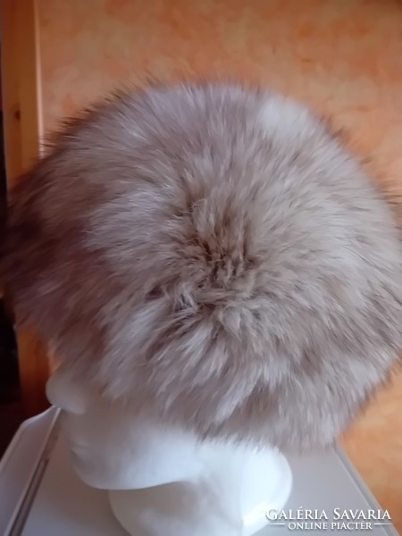 Genuine arctic fox fur cap in excellent condition, with dark brown silk lining