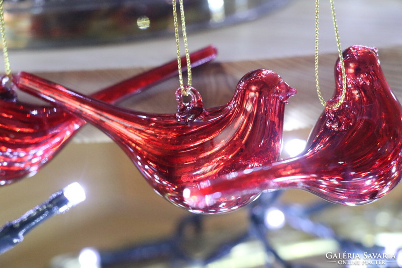 6 darab piros  színű üveg madárka karácsonyfadísz I.