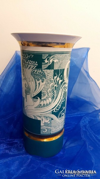 Hollóházi Szász Endre,nagy méretű porcelán Napfény  zöld váza 30cm