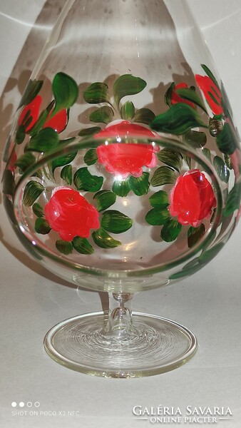 Festett virágos üveg mécses tartó látványos kézműves alkotás asztaldísz