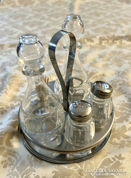 Régi asztali fűszertartó só olaj tartó asztalközép szép állapotban fém kosárkában