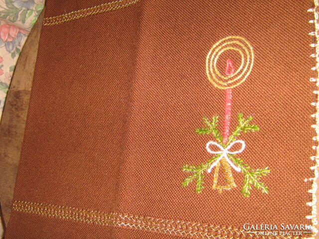Beautiful hand-embroidered Christmas tablecloth crocheted in the round with gold thread, azure